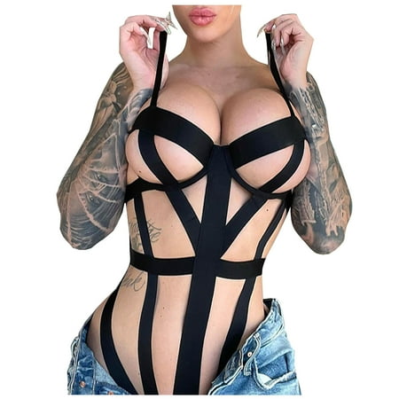 

Bra And Panty Sets For Women Lace Garter Lingerie Set with Removable Choker Teddy Strappy Bra and Panty Set(M Black)