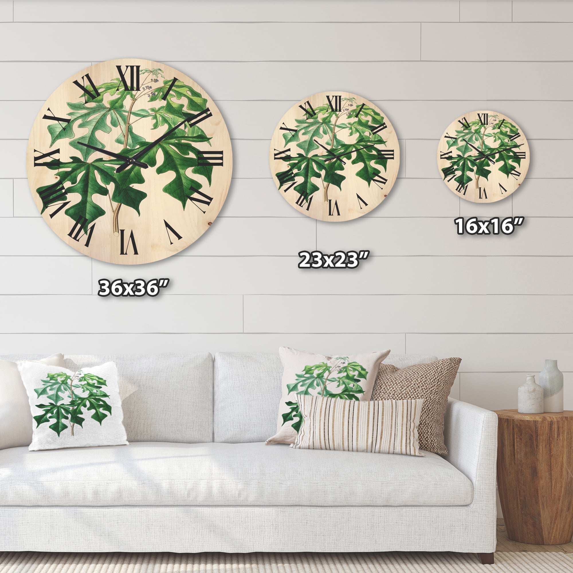 Designart 'Ancient Green Leaves Plants II' Traditional Wood Wall Clock