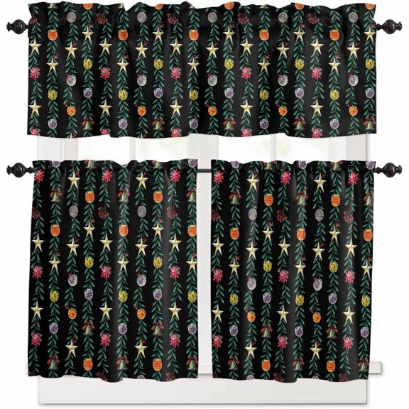 Christmas Kitchen Curtains and Valances Set, Rod Pocket Curtains Tier Farmhouse Window Curtains 24 Inch Length, Xmas Leaves Vines Star Ball Berry Black 3 Piece Kitchen Curtains Set
