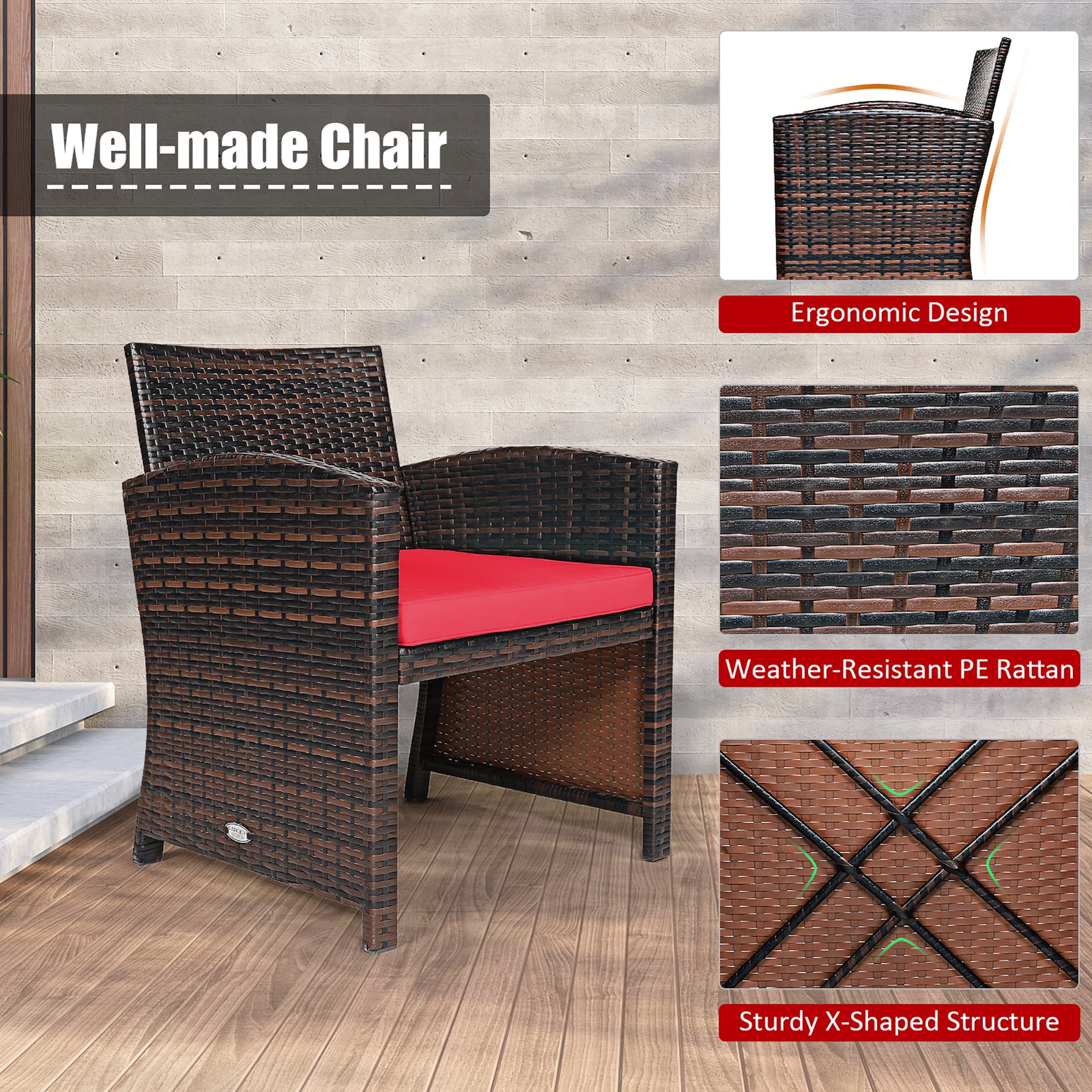 Costway 3PCS Patio Rattan Wicker Furniture Cushion Sofa Coffee Table Red