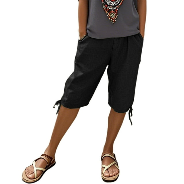 Women's Linen Pants with Pockets - Elastic Drawstring Leisure Five-Eighths Pants