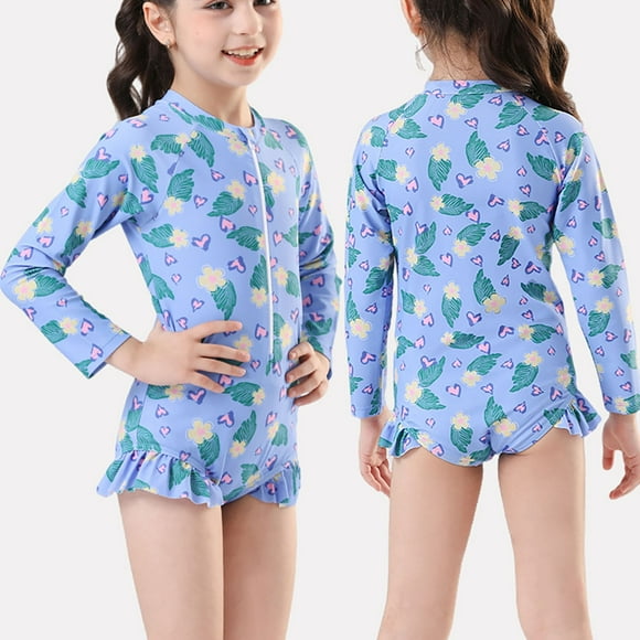Odeerbi 6-12 Años Traje de Baño Niñas Manga Larga Antisarpullidos Traje de Baño Verano Playa Monopieza Entrenamiento Atlético Traje de Baño Hawaiano Surf Traje de Baño Protección Solar