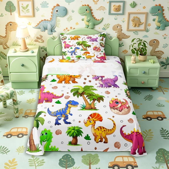 Metsweet 3D Cute Dino Twin Sheets 3pcs, Cartoon Animal Bedding, Pink Orange Purple,1 Fitted Sheet, 1 Flat Sheet and 1 Pillowcase