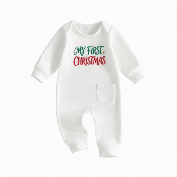 NLOMOCT Baby Boy Clothes New Born Sleep and Play Baby Christmas Letter Embroidered Long Sleeve Jumpsuit Pocket Long Climbing Suit,White,12-18 Months