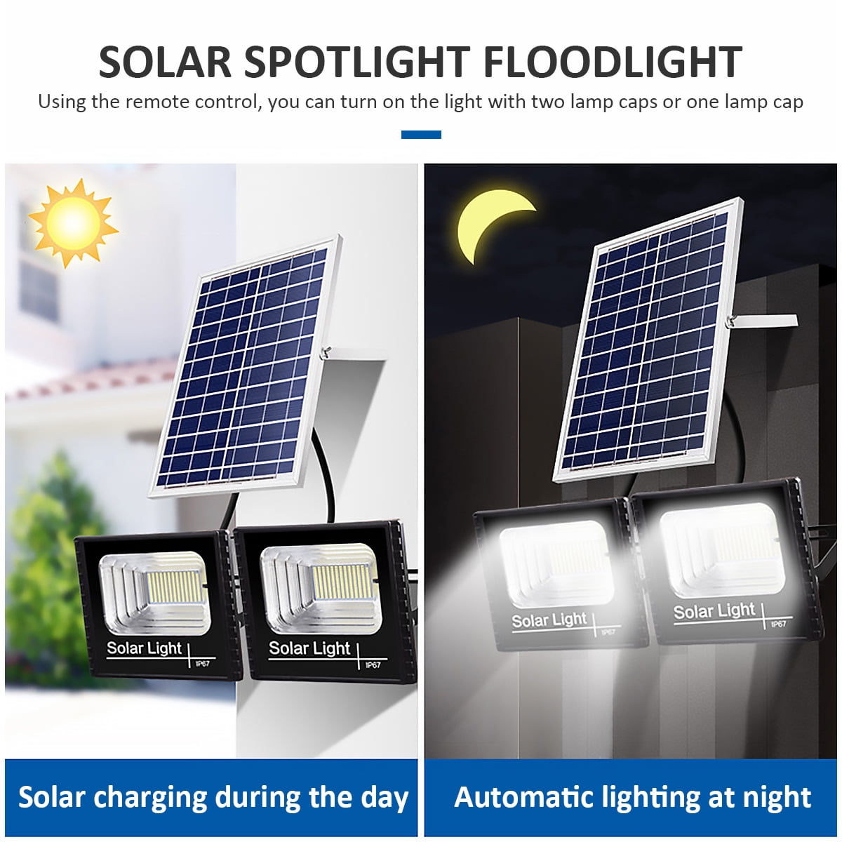 Evjurcn Solar Wall Light High Brightness Light Sensor Solar Spotlight with Remote Control and Timing Function Outdoor Solar Flood Lights IP67 Waterproof Solar Light Reusable for Garden Garage Patio