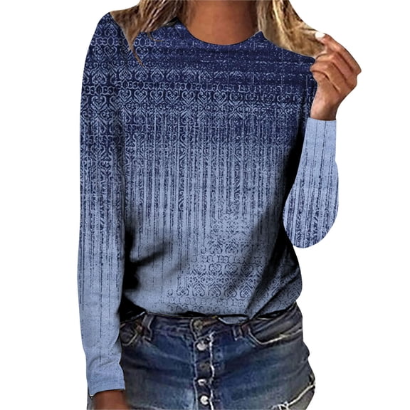 Women's T-Shirts Long Sleeve Womens Fall Tops Printed Loose Crewneck Blouses Dressy Casual XL