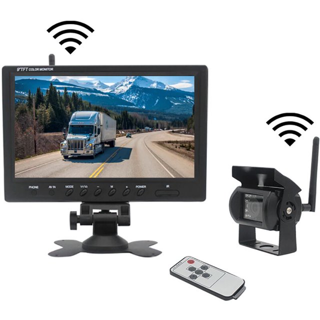 Cámara de respaldo inalámbrica para vehículos de 2,4 GHz Monitor LCD de 9 pulgadas para camiones, autobuses, vehículos recreativos, remolques, excavadoras 12V-24V Impermeable IP67 Ángulo 120��
