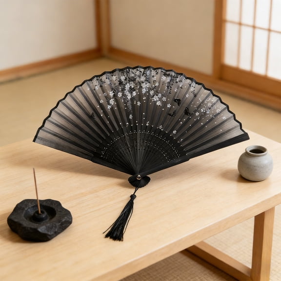 Byujiro Black Ink Floral Imitation Silk Folding Decor Fan Foldable Fan with Long Hanging Tassel Vintage Stage Dance Performance Prop Portable Pocket Cooling Fan