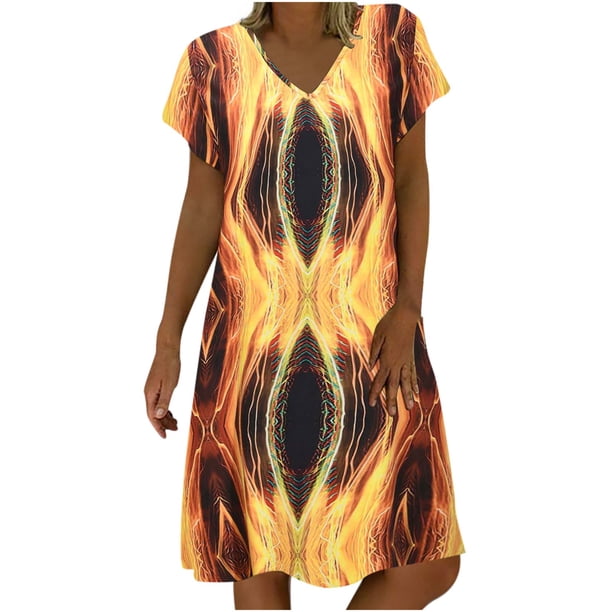 Vestido largo hasta la rodilla con cuello en V y manga corta con estampado cómodo e informal a la moda para mujer Pompotops ghjkhdj14282