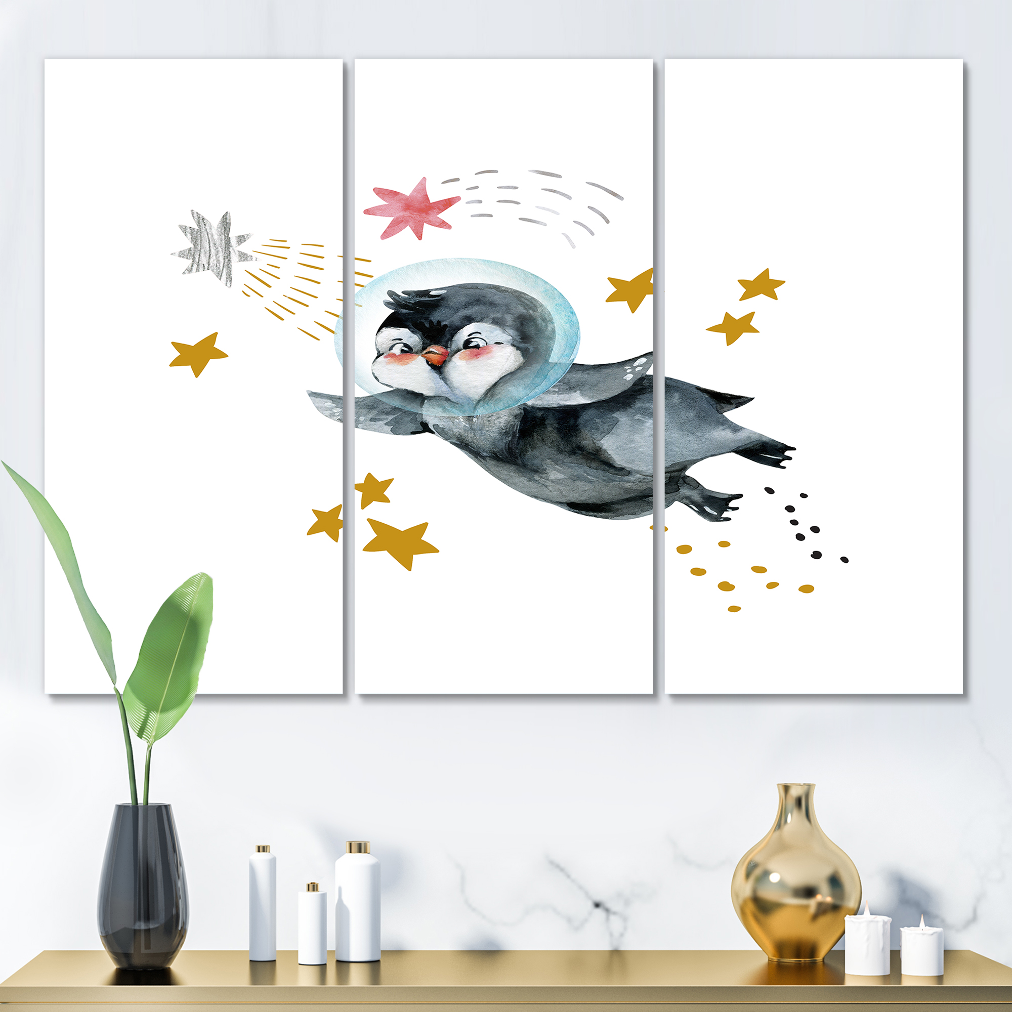 Designart ' Little Penguin Flying Planets and Stars I ' Farmhouse Canvas Wall Art Print