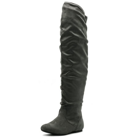 

Ollio Women s Shoe Stretch Faux Suede or Faux Leather Over The Knee Flat Wrinkle Long Boots