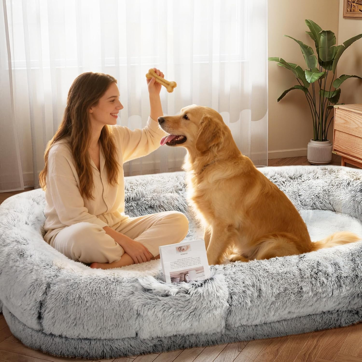 JessieMal Human Dog Bed for Adults, 75"x43"x10" Human Size Dog Bed, Orthopedic, Waterproof Removable Washable Cover, Soft Calming Lounger for People & Pets, Light Grey