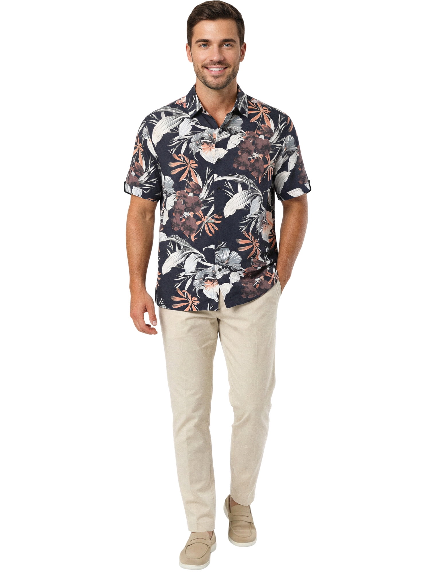 Café Luna Men's and Big Men's All-Over Floral Print Short Sleeve Woven Shirt, Sizes S-4X