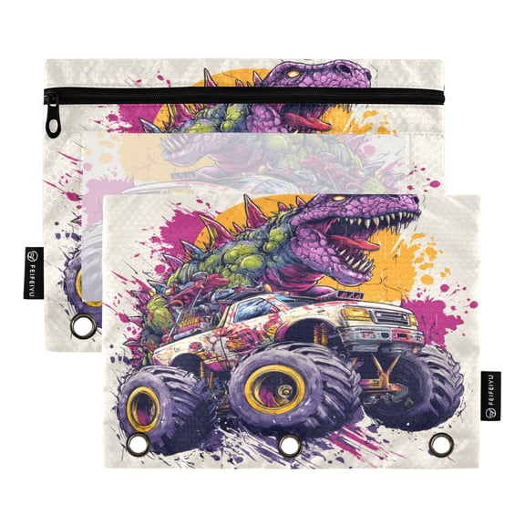 2 Pack 3 Ring Binder Pouch with Clear PVC Window Water Resistant Zipper Pencil Pouch Dino-monster Truck Hybrid Binder Pocket for Classroom Office Home Stationery Organization