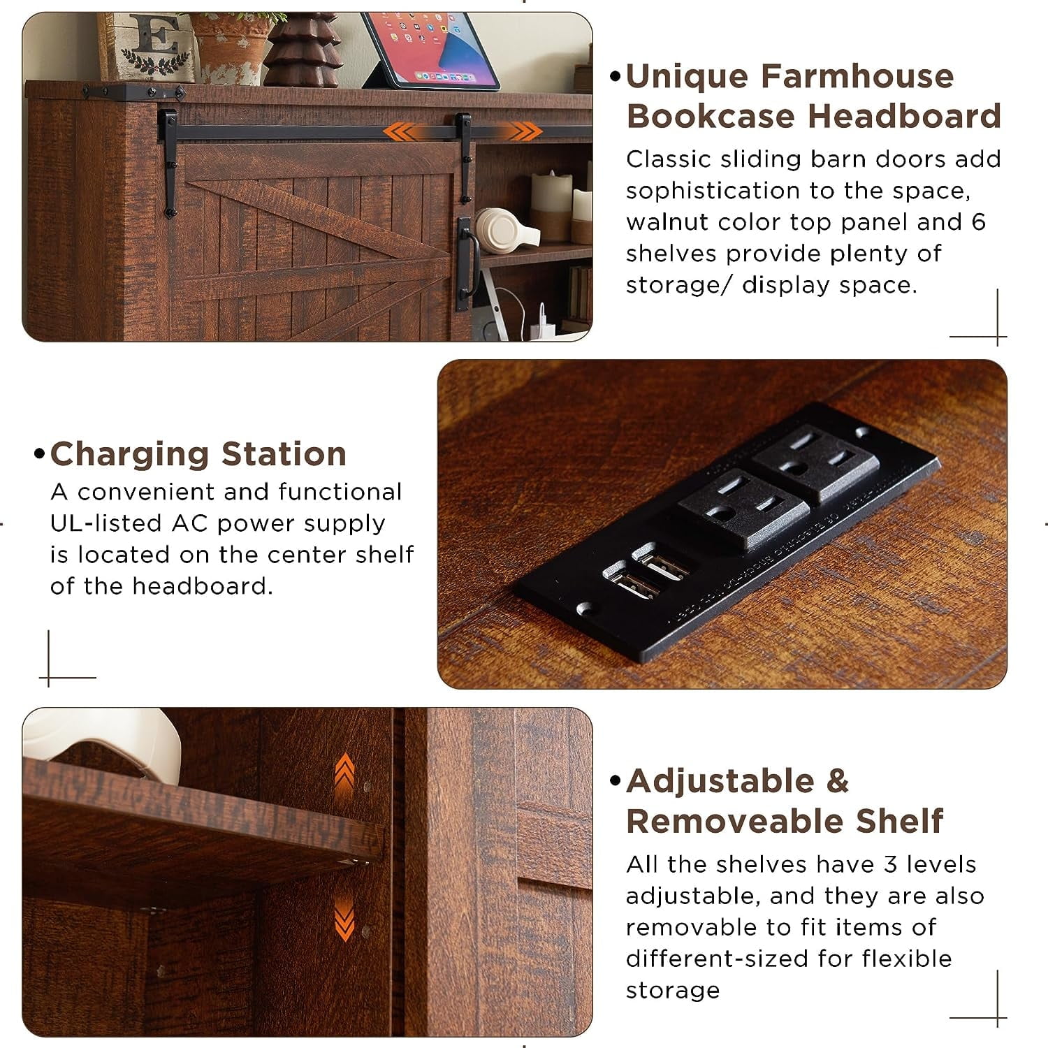OKD Modern Farmhouse King Platform Bed with Bookcase Headboard Storage and Charging Station, No Box Spring Needed, Reclaimed Barnwood