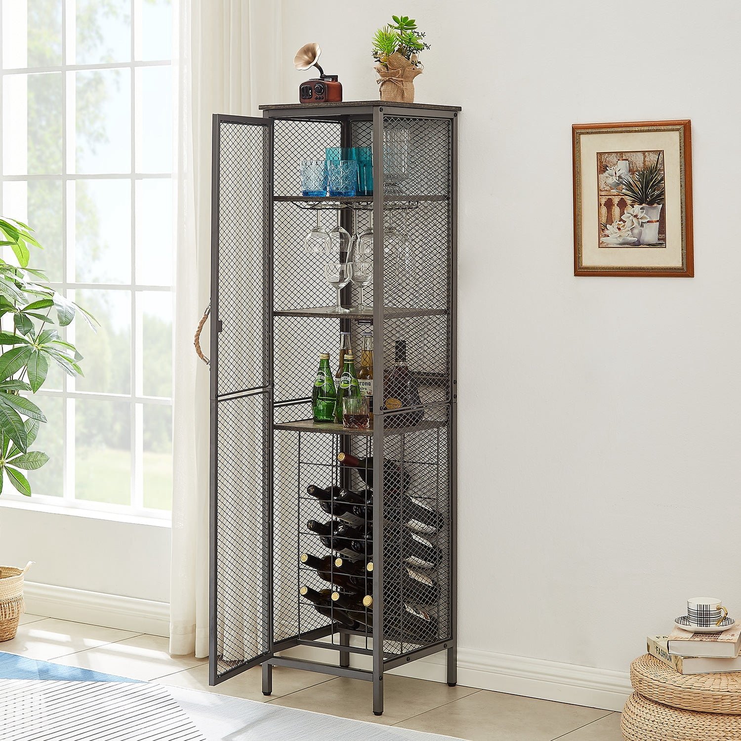 VECELO Freestanding Wine Rack with Mesh Door, 18 Bottles Storage ...