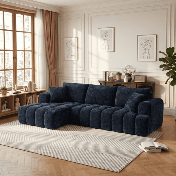 CKEASEAN 108" L-Shaped Sectional Sofa, Compressed Boneless Cloud Couch with Left Chaise & Pillows, Chenille Upholstered 4-Seater Modular Sofa for Living Room, No Assembly