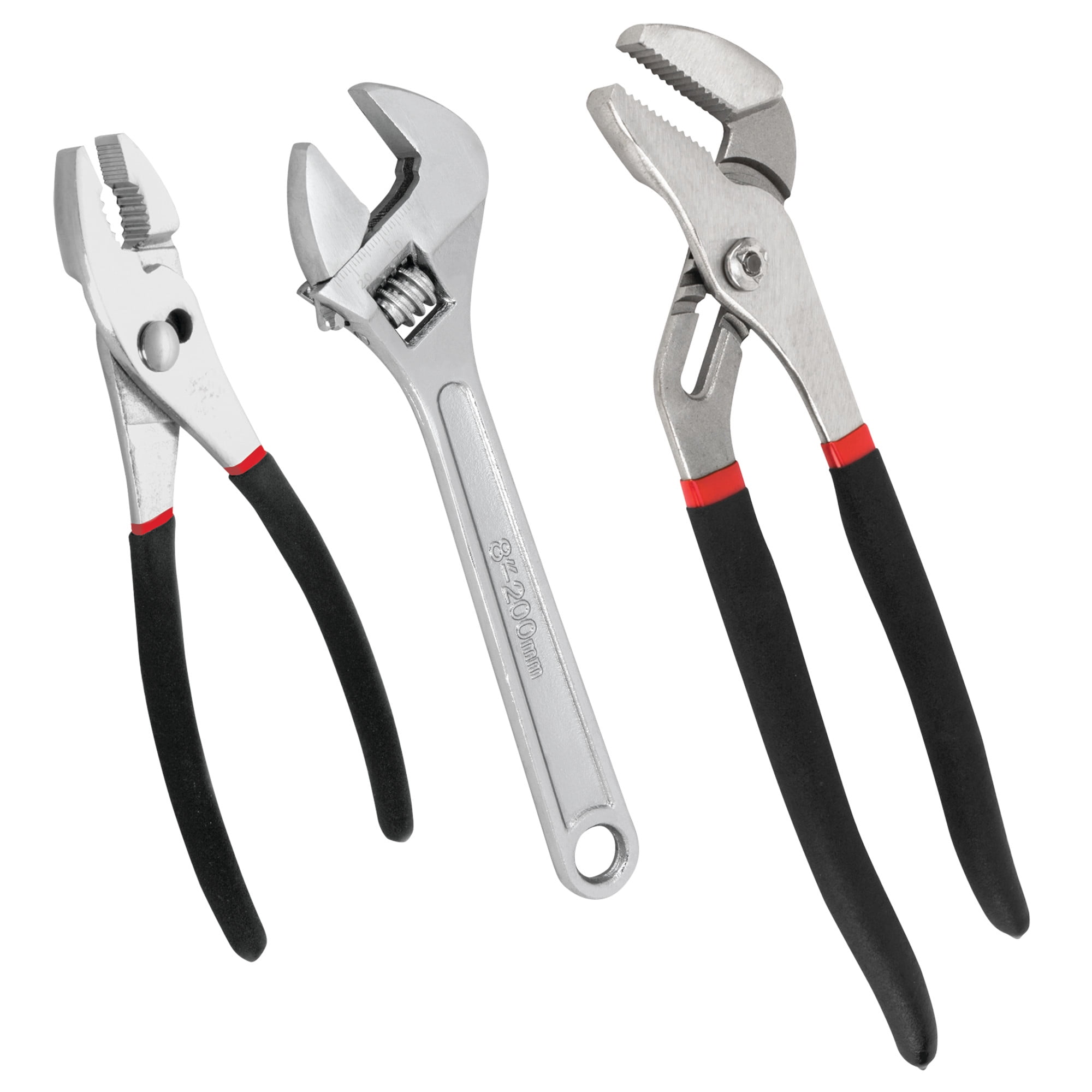 Performance Tool W1781 3 Pc. Hand Tool Set - Includes Slip Joint Pliers, Adjustable Wrench, Groove Joint Pliers, Cushioned Handles, Drop-Forged Alloy Steel, Black/Red