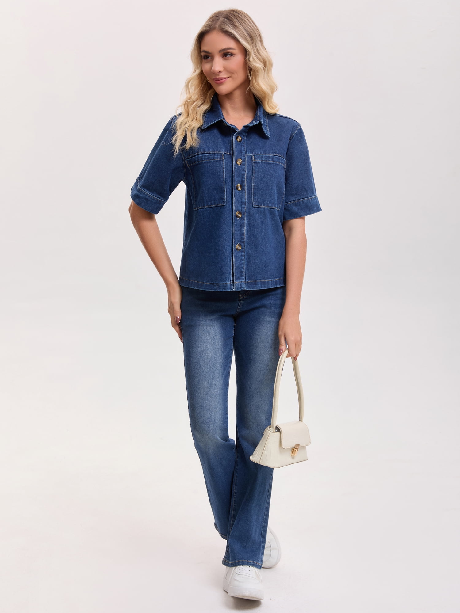 DARING DIVA Women's Short Sleeve Button Down Boxy Shirt Tops Jean Jacket M Dark Blue