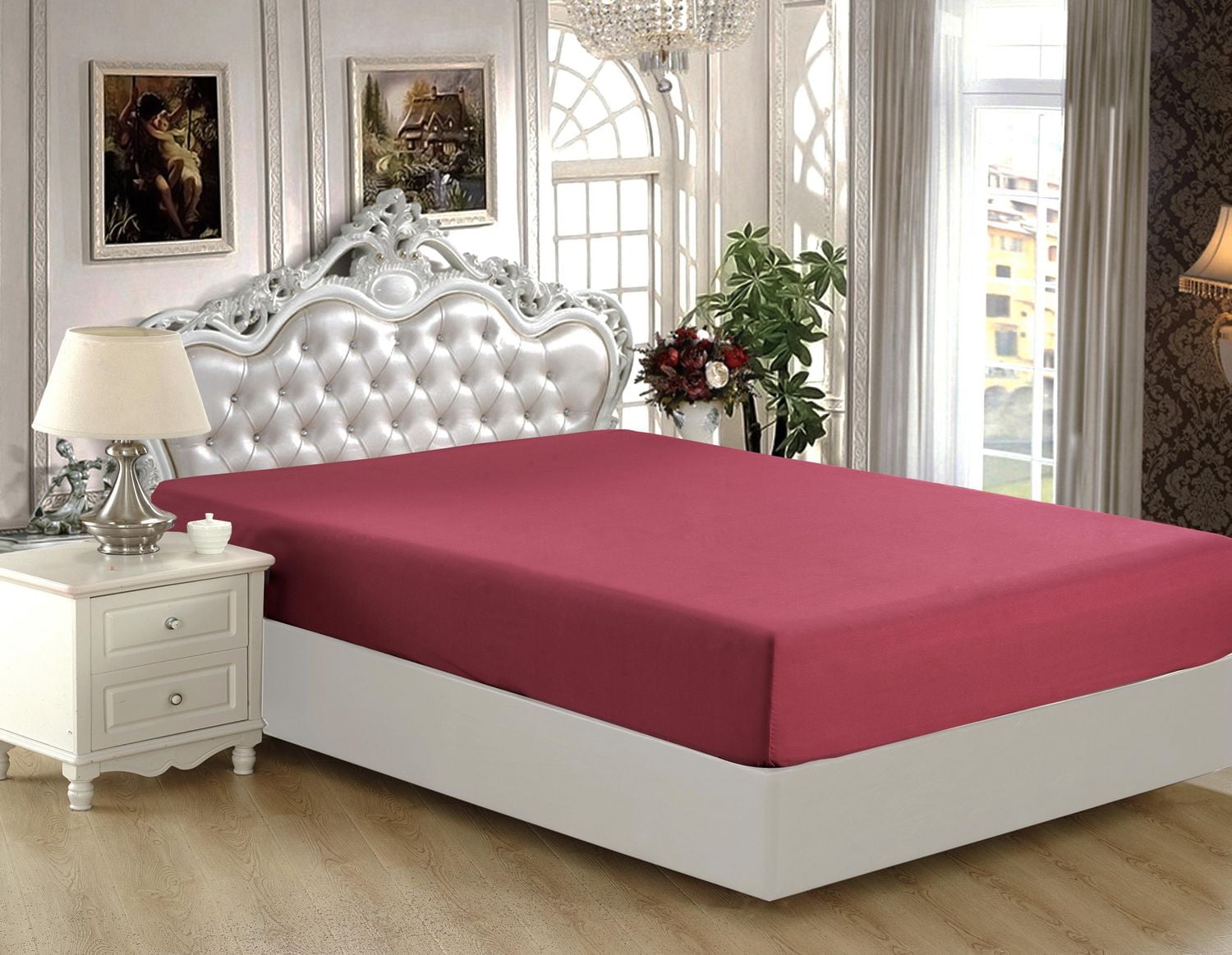 Drap-housse en bambou massif, ultra doux et soyeux, couleur bourgogne, pour toutes les saisons