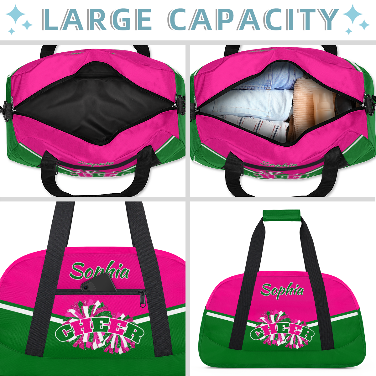 Jiaoprinted Personalized Cheer Bag, Custom Sport Duffel Bag with Name, Customized Cheerleader Dance Bag, Sport Gym Bag Overnight Weekender Bags, Pink Green