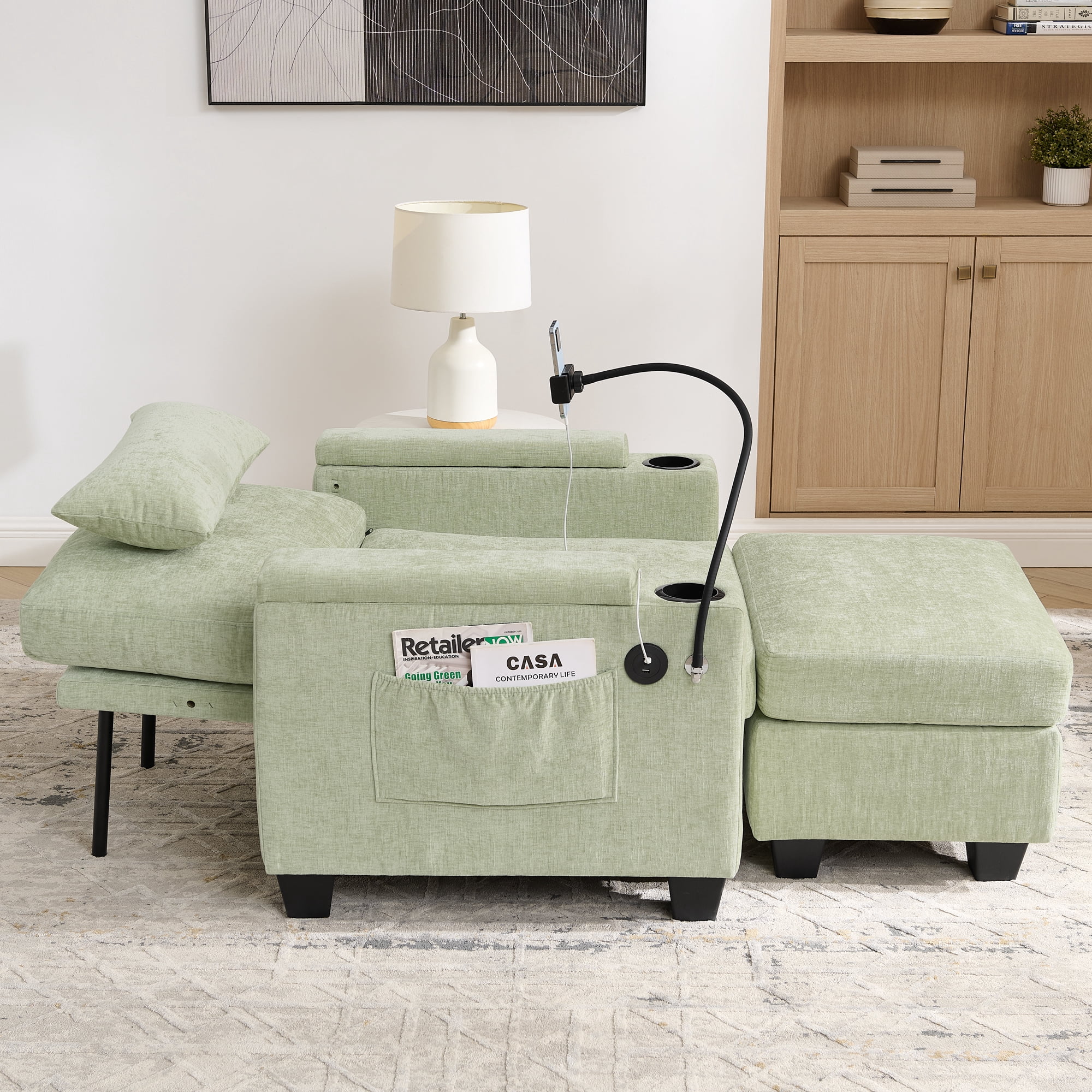 Recliner Chair with Adjustable Backrest, Cup Holders, USB Charging Port, Phone Stand, Arm Storage and Storage Ottoman