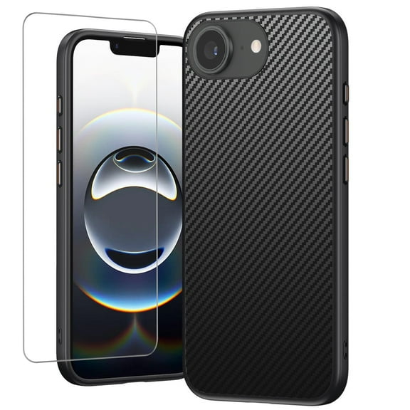 TJS for iPhone 16e Phone Case, with Tempered Glass Screen Protector, Slim Fit Lightweight Shockproof Drop Protection Cover (Carbon Fiber Image)
