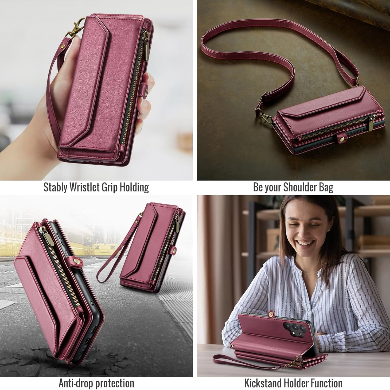 Phone Case for Samsung Galaxy A32 5G 2021 6.5 inch Zipper Wallet Cover with Screen Protector and Leather Flip RFID Blocking Card Holder Cell M32 G5 A 32 32A S32 SM-A326U A326U Women Wine Red