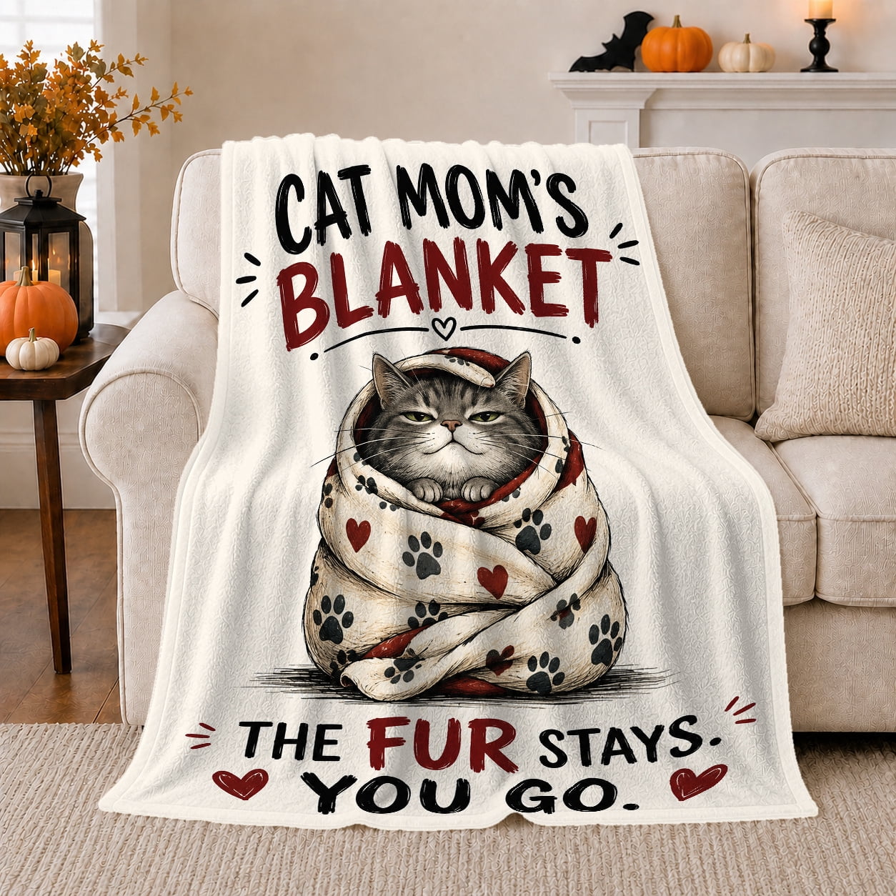 Cat person S Funny Grey Cat Paw Print Playful Pet Portrait Pattern Warm Flannel Blanket for Living Room and Bedroom Cat Lovers decorative theme Gift Pet Lover Home Decor