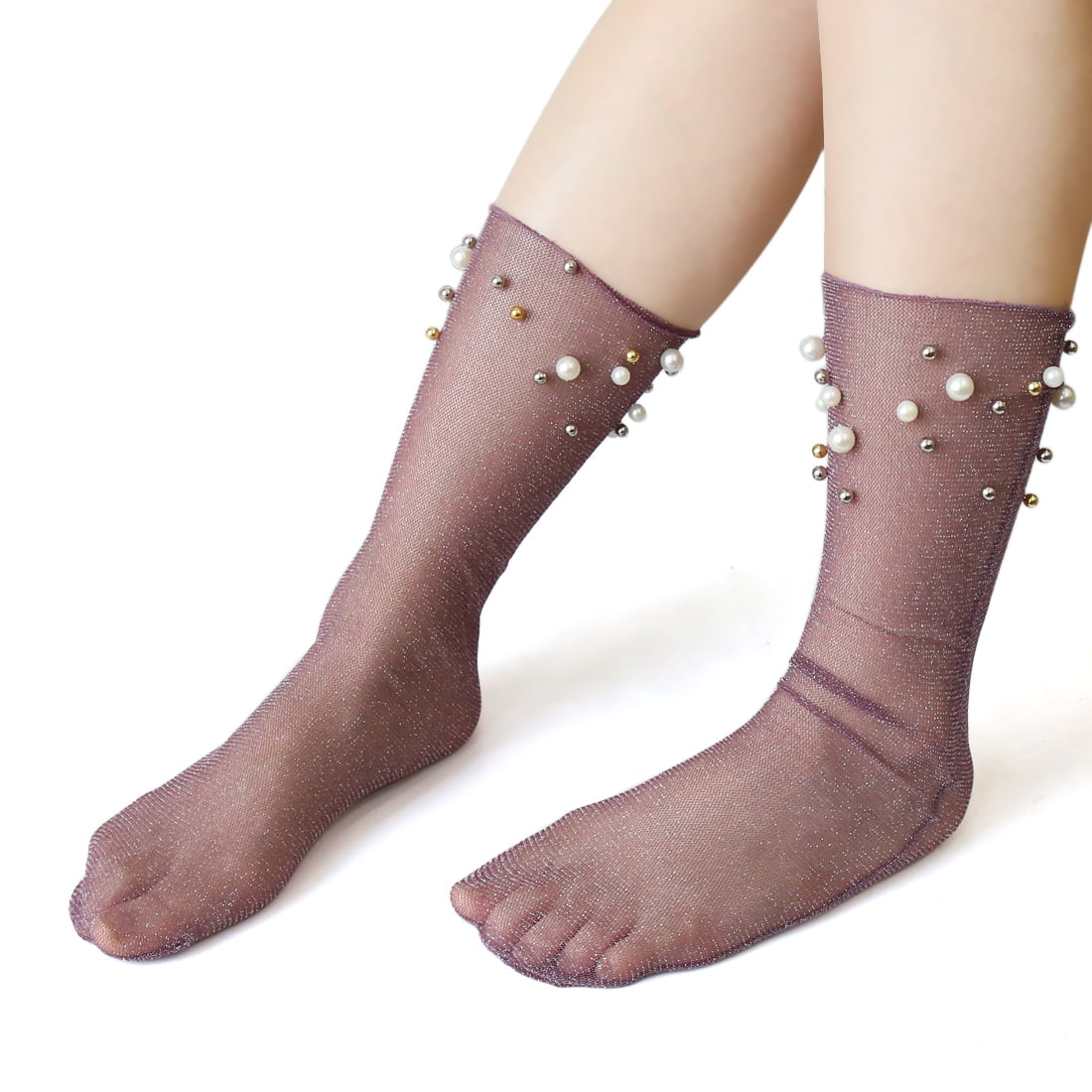 Pair Women Faux Pearl Sheer Loose Socks Slouch Short Stockings Purple ...