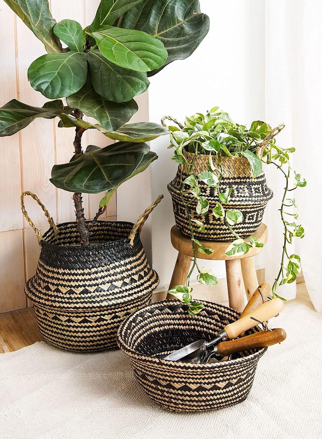 LE TAUCI Plant Basket, 7.8 Inch Black Triangle Woven Seagrass Belly Planter Baskets