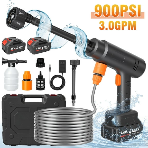 900PSI Cordless Pressure Washer, 3.0GPM Portable Power Washer with 6-in-1 Adjustable Nozzle, Power Cleaner with 16.4ft Hose for Cars/Patios, 2 Battery, Charger Included