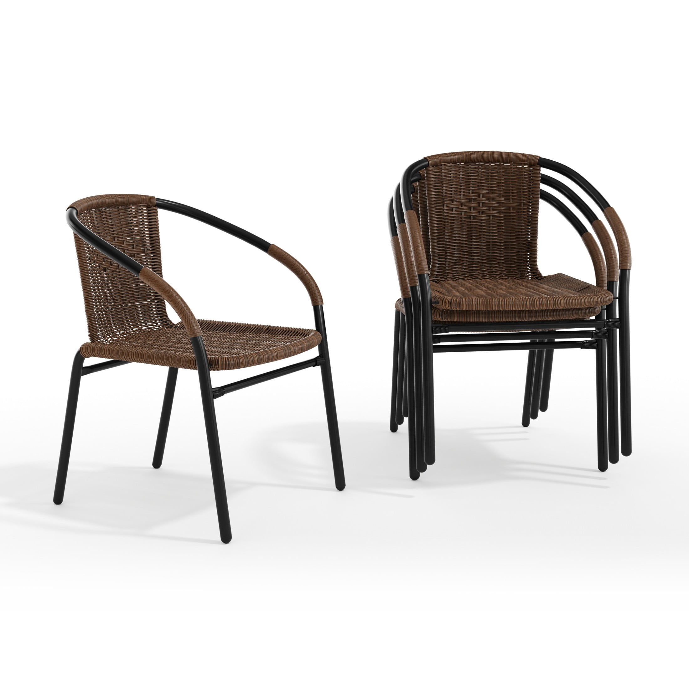 Emma + Oliver 4 Pack Medium Brown Rattan Indoor-Outdoor Restaurant Stack Chair