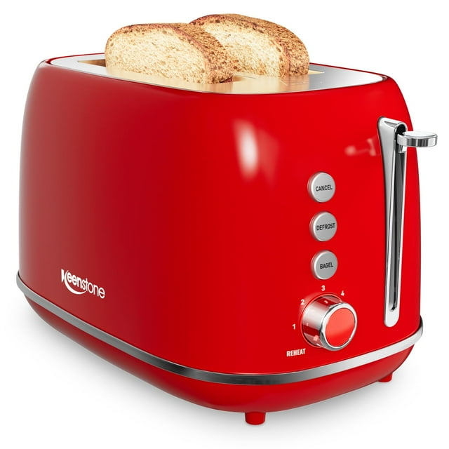 tostador retro de acero inoxidable de 2 rebanadas con 6 ajustes de sombra de pan, bagel, función de cancelación, descongelación, ranura extra ancha, bandeja extraíble para migas, rojo