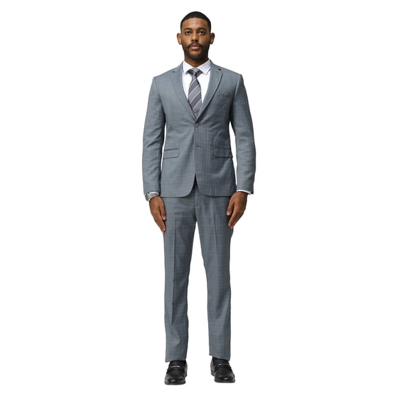 Mens Windowpane Plaid 3 Piece Suit Set Hybrid Fit Notch Lapel