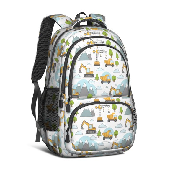 Excavator and Mountain White Pattern Cute School Backpack Bag with Padded Back and Adjustable Shoulder Straps 16.9 X 12.6 X 5.9 Inches