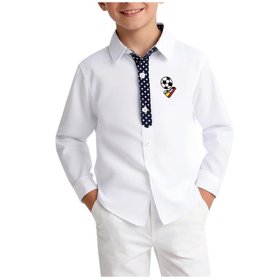 OGLCCG Boys Long Sleeve Dress Shirt Lapel Collared Button-Down Shirts Loose Fit Polka Dot Soccer Print Cotton School Uniform Shirts 4-16 Years