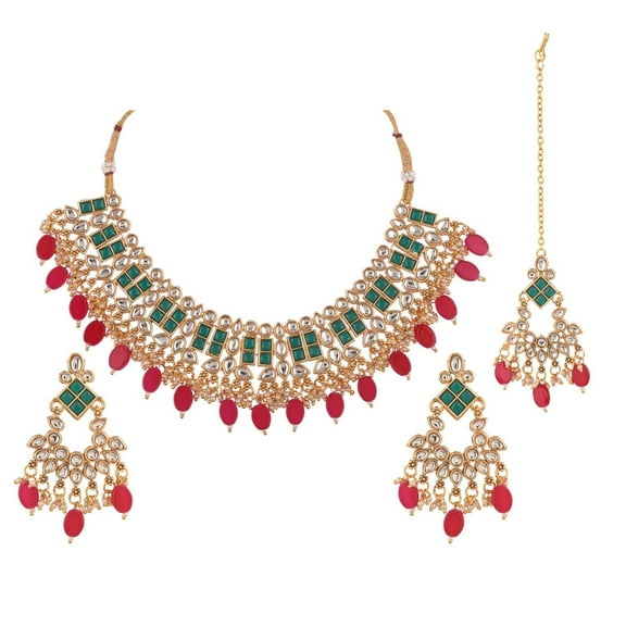 Efulgenz Indian Wedding Bridal Sets Pink Green Traditional Ethnic Faux Kundan Necklace Crystal Stone Chaandbali Earrings with Head Chain Antique Gold Tone Indian Jewelry Sets for Women Fashion Jewelry