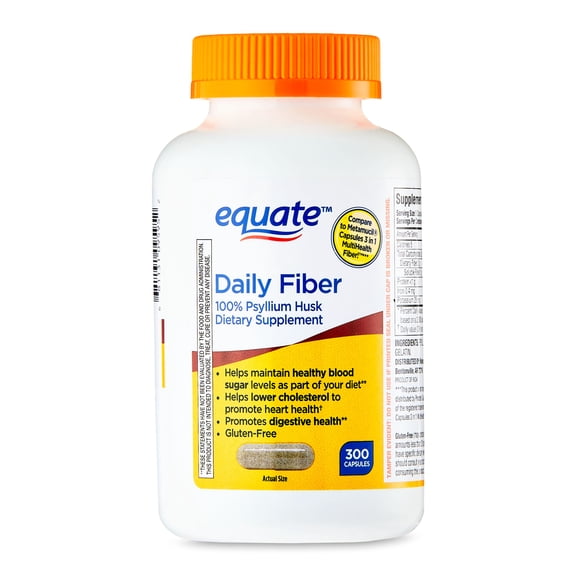 Equate Daily Fiber, 100% Psyllium Husk Digestive Health Supplement Unflavored Capsules, 300 Count