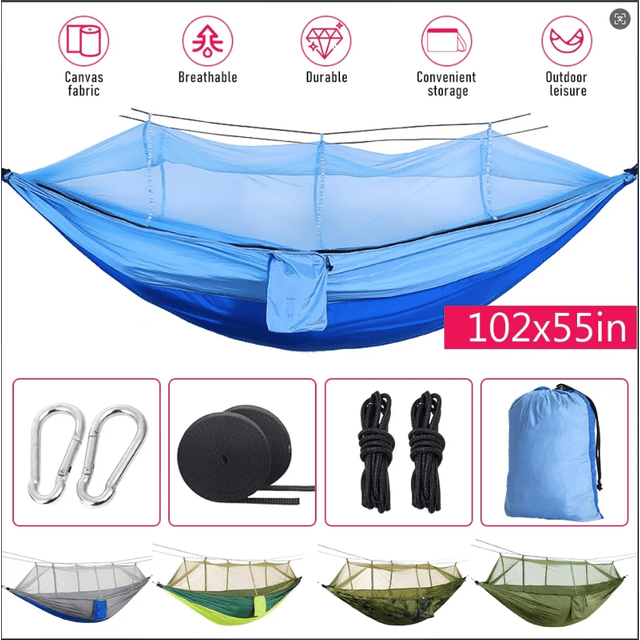 Birdeem Camping Hammock with Mosquito Net, Portable Double/Single Travel Hammock Insect Netting 210T Nylon Hammock Swing for Backyard Garden Camping Backpacking Survival Travel (Blue)
