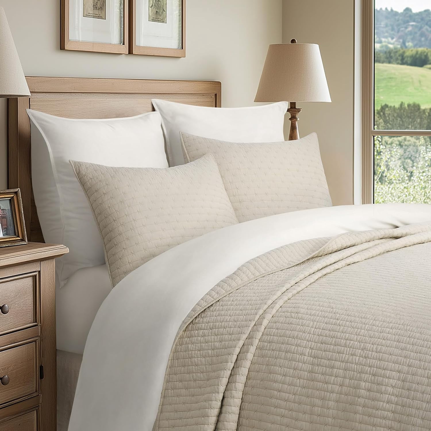 EVERGRACE Cross Stitch Pre-Washed Cotton Quilt Bedding Set King Size, Oversized 3 Pieces Lightweight Bedspread Coverlet for All Season, with 2 Matching Shams, Flax Beige,118"x106"