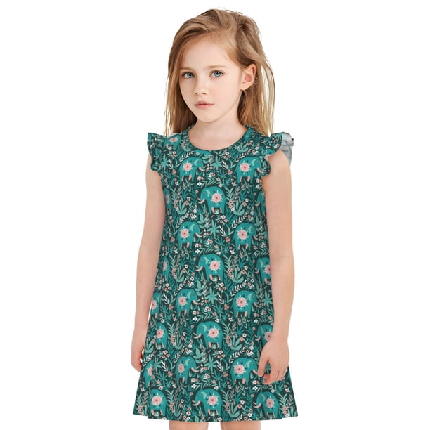Fotbe Lephants in the Jungle Vestido de Dormir para Niñas de 3 a 10 Años, Mangas Cortas, Estilo Princesa, Pijama Camisón con Mangas Voladas-Large