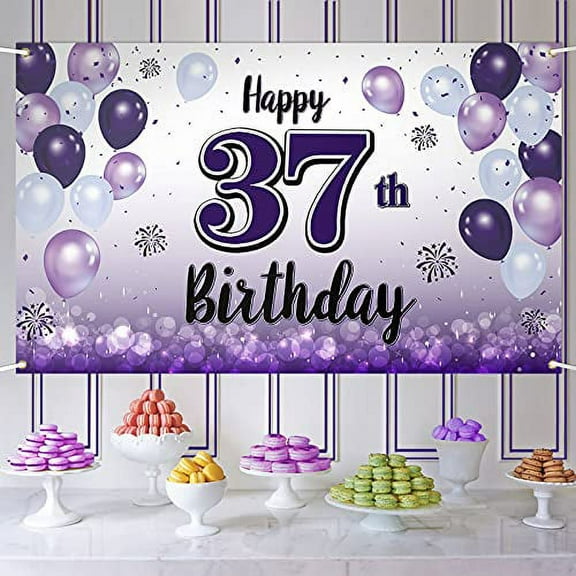 LASKYER Happy 37th Birthday Purple Large Banner - Cheers to 37 Years Old Birthday Home Wall Photoprop Backdrop,37th Birthday Party Decorations.