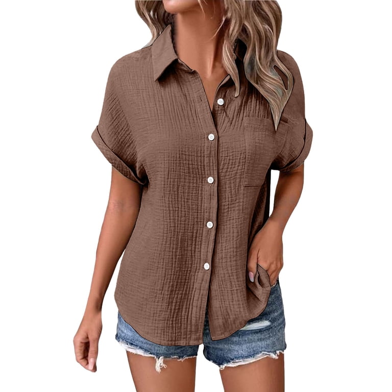 トップス LOHEN DOUBLE BUTTON BLOUSE Women's Solid Color Double Layer Bubble Crinkle Batwing Sleeve