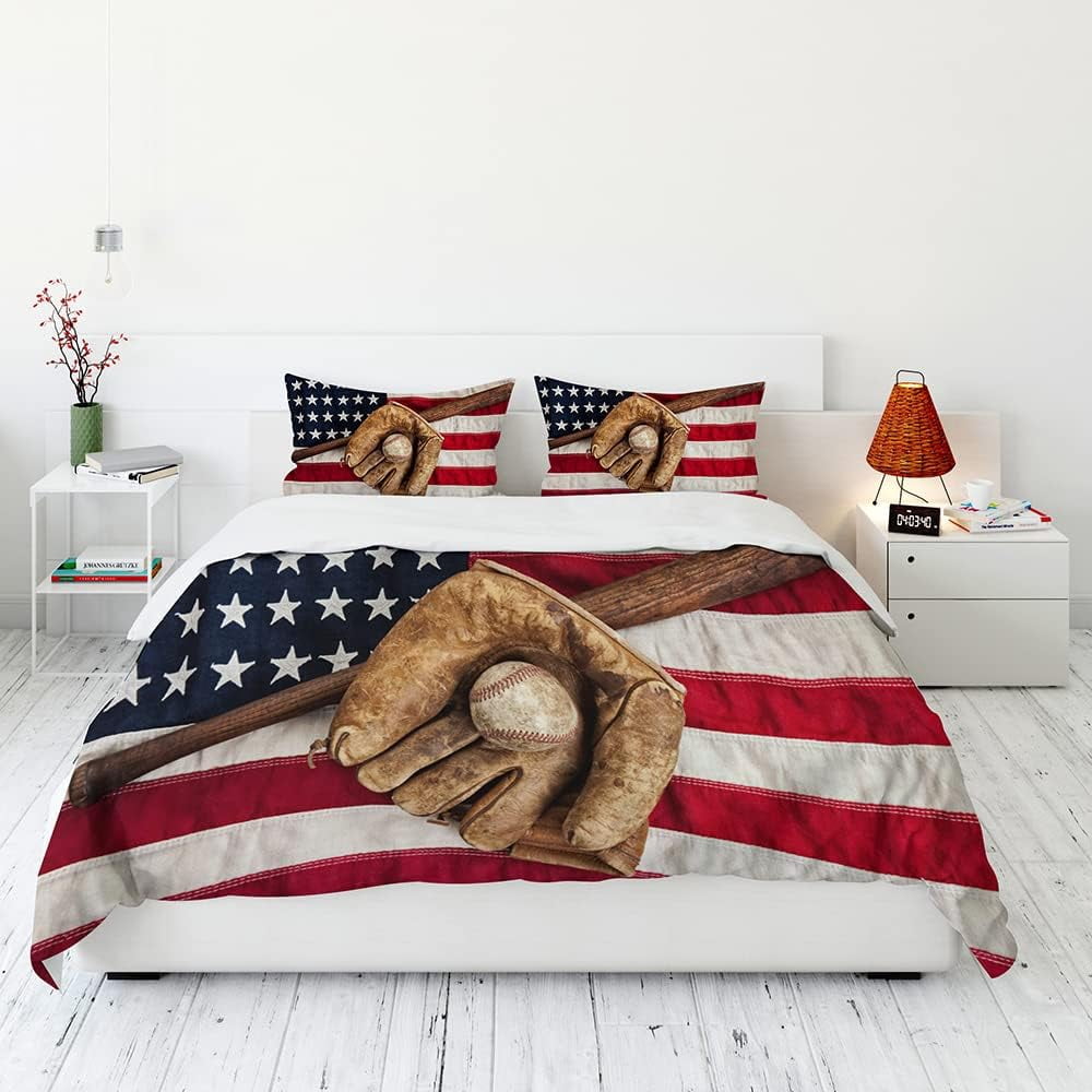 Vichonne 3D American Flag Baseball Comforter Sets Full Size Boys Sports Bedding