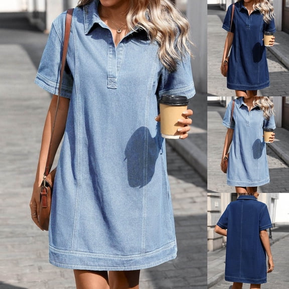 Favoffer Women's Denim Dresses Turn Down Neck Short Sleeve Straight Cut Washed Fabric Casual Outfits Daily Gowns Skirts Party Dating Daily Leisure