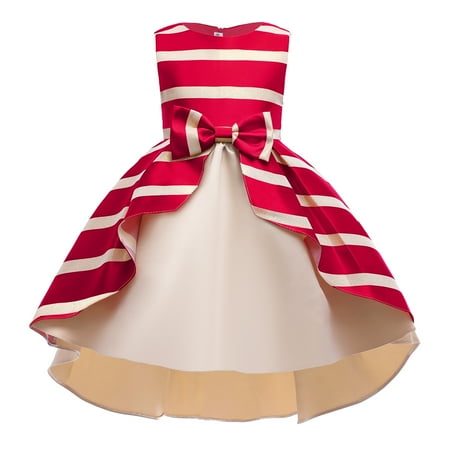 

MIKRDOO Princess Dress For 2T Toddler Girls Stripe Bow Sleeveless Round Neck Dress Princess One Piece Party Dress 2-3 Years Red