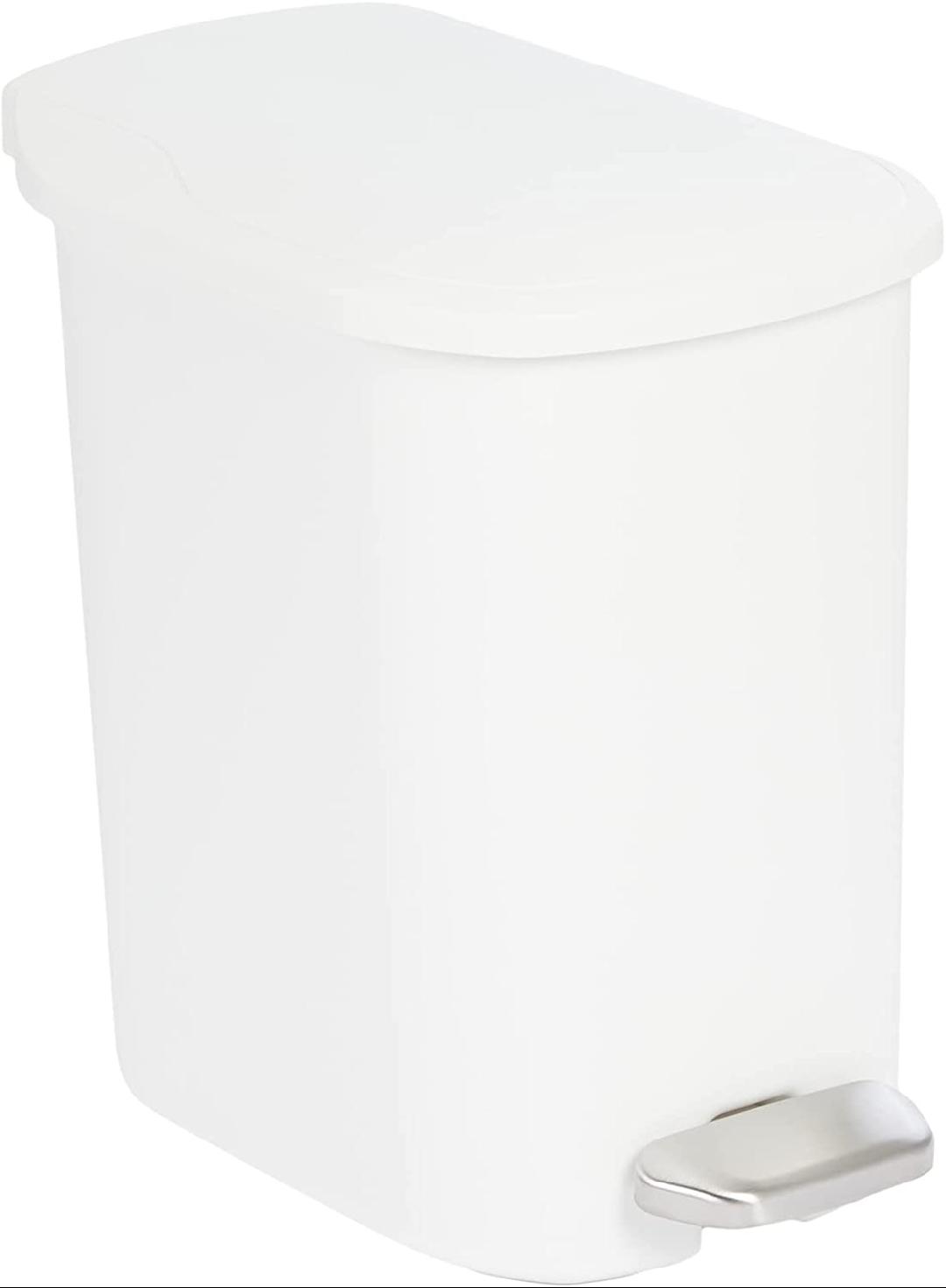 Compact Bathroom Plastic Trash Can with Steel Pedal Step, White, 6