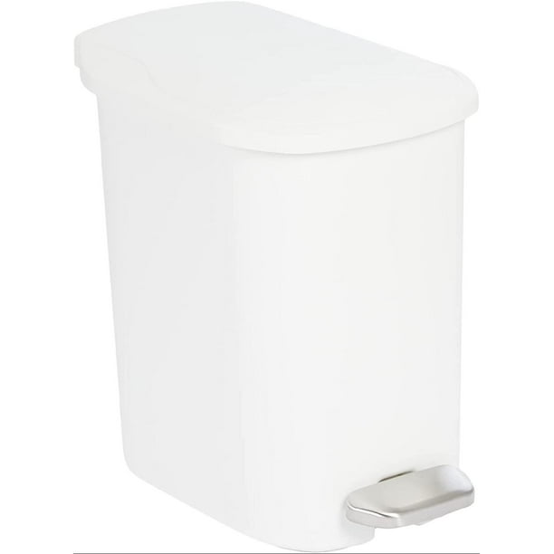 Compact Bathroom Plastic Trash Can with Steel Pedal Step, White, 6