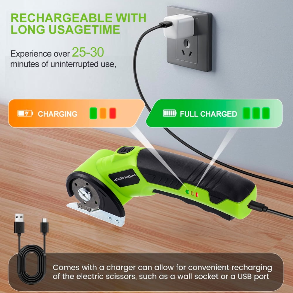 HORMY Cordless Electric Scissors, 3.6V Rechargeable Cardboard Box Cutter with Safety Lock & LED Light, Power Rotary Cutter for Fabric Carpet Leather